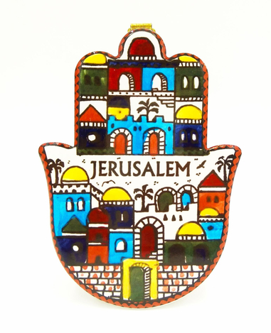 Ceramic Wall Hamsa Plaque with Colorful Images of Old City Jerusalem