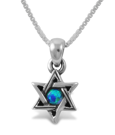 Star of David with Small Cultured Opal, 925 Sterling Silver Pendant Necklace