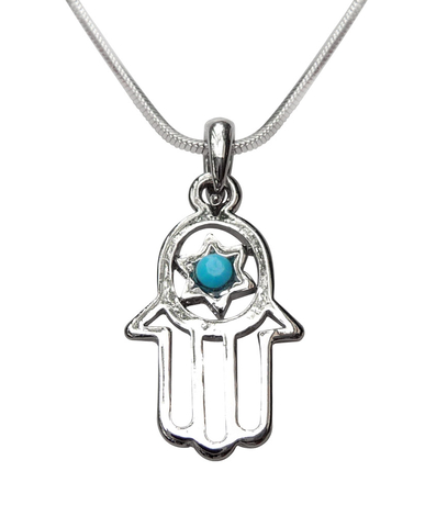 Pendant Necklace, Open Hamsa with Blue Stone in Star of David