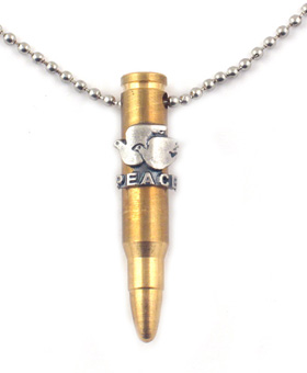 Necklace, Bronze Israeli Army M-16 Rifle Bullet Pendant - White Doves of Peace