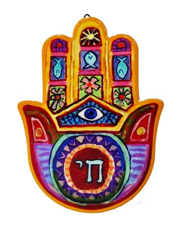Colorful Hamsa Plaque with Chai, Eye & Fish Motifs  Wall Plaque or Table Stand