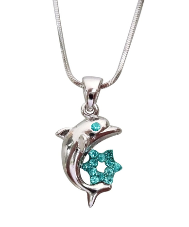 Rhodium Pendant Necklace - Dolphin with Gleaming Colored Star of David