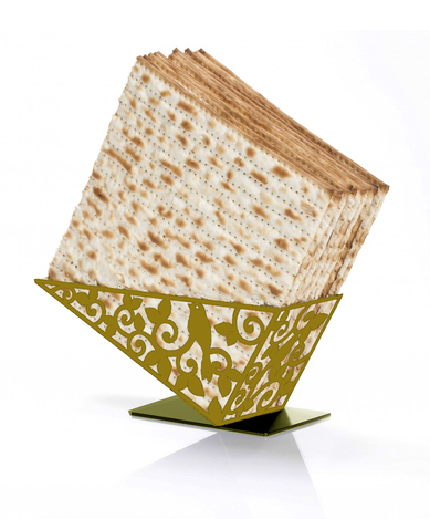Iris Design Decorative Gold Matzah Holder on Diagonal - Cut out Bird with Leaves