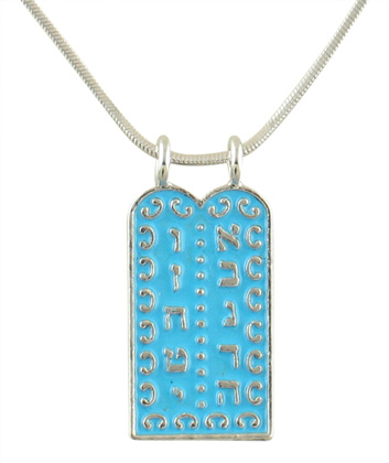 Rhodium Pendant Necklace with Ten Commandments Tablet - Blue