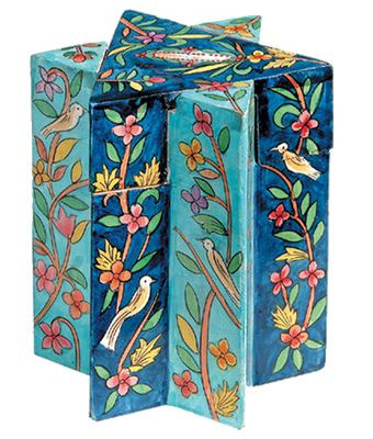 Yair Emanuel Star of David Wood Charity Tzedakah Box - Birds Floral, Blue
