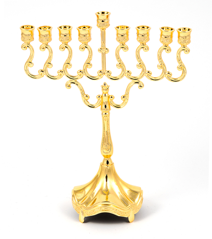 Gold Chanukah Menorah on Stem, Scroll Design - 8 Inches Height