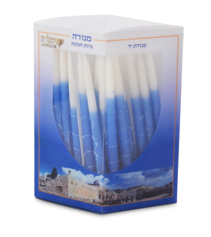 Slender Handmade Dripless Chanukah Candles, Blue and White