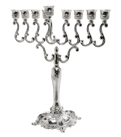 Silver Plated Chanukah Menorah, Classic Scroll Design - 14.2 Inches Height