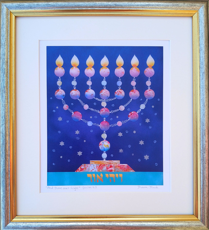 Dvora Black Print of Seven-Branch Menorah Hand Painted on Lucite - Framed