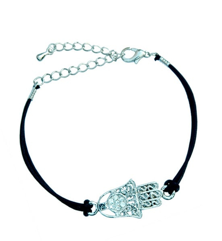 Rhodium Hamsa Bracelet on Leather Cord