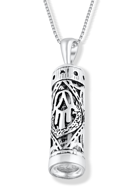 Mezuzah Necklace Pendant in Sterling Silver with Cut Out Hamsa Hand