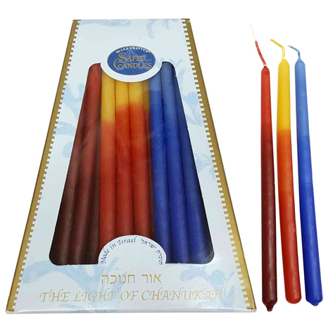 Handmade Safed Dripless Hanukkah Candles - Light Blue and Fire Colors