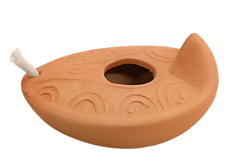 Replica of Ancient Biblical Clay Oil Lamp - Decorative Leaf Engravings