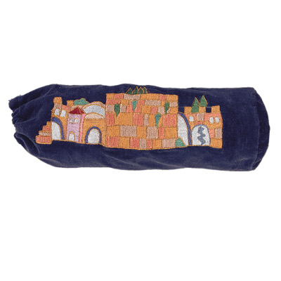 Yair Emanuel Velvet Shofar Pouch for Rams Horn Navy  Jerusalem View