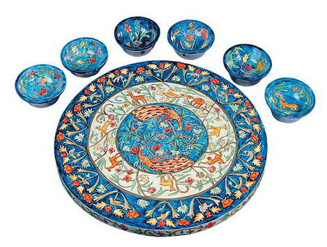 Yair Emanuel Hand Painted Wood Seder Plate with Bowls - Forest Scenes