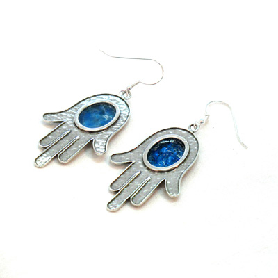 Michal Kirat Hamsa Good Luck Silver Drop Earrings with Roman Glass Center