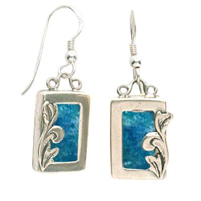 Michal Kirat Drop Earrings, Sterling Silver and Roman Glass with Decorative Leaf