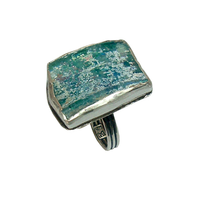 Michal Kirat, Handmade Sterling Silver Ring with Roman Glass - Adjustable Band