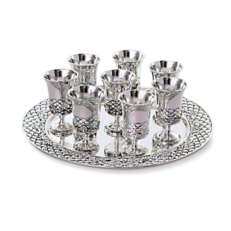 Six Decorative Small Kiddush Cups with Matching Circular Tray - Silver Plate