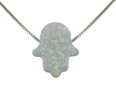 aJudaica White Opal Hamsa Hand Necklace