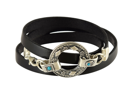 Golan Leather Triple-Wrap Men Bracelet Silver Hamsa & Hebrew Aaron Blessing