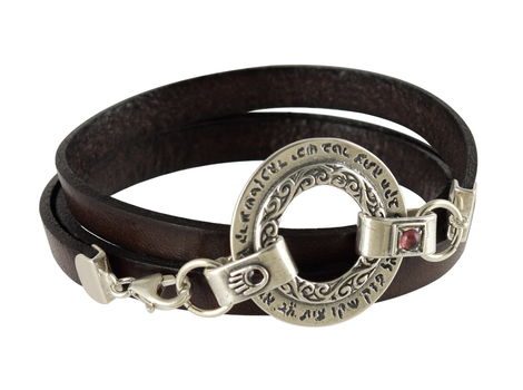 Golan Men Triple Wrap Leather Bracelet with Silver Ana Bekoach Aaron Blessing
