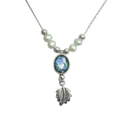 Michal Kirat Freshwater Pearls on Silver Chain with Roman Glass Pendant and Decorative Leaf