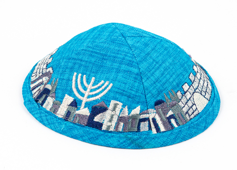 Turquoise Cloth Kippah with Attached Clip and Embroidered Jerusalem Design