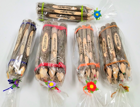 Set of Six Souvenir Olive Wood Colored Pencils Decorated with 