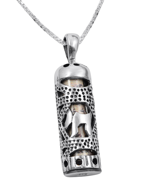 Mezuzah Necklace Pendant in Sterling Silver with Cut Out Chai