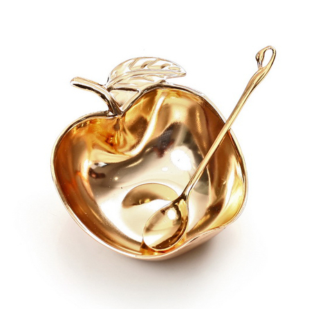 Gleaming Gold Honey Dish, Open Apple Shape - With Spoon