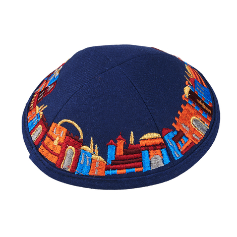 Dark Blue Fabric Kippah with Embroidered Jerusalem Design - Hidden Clip Inside