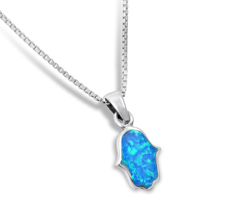 Opal Hamsa Necklace Light Blue Pendant in 925 Sterling Silver