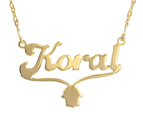 Custom English Name Necklace with Hamsa 18K Gold Plated Cursive Letters
