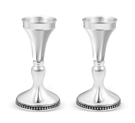 Sterling Silver Shabbat Candlesticks - Smooth with Single Floral Band