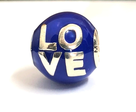 Sterling Silver Bracelet Charm - Blue Enamel with Word Love in English