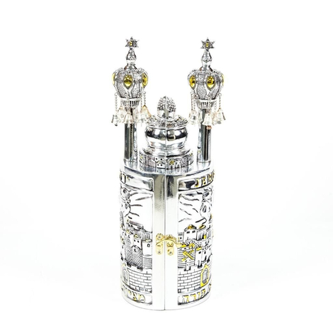 Silver Plated with Gold Accents Cylinder Torah Case with Scroll Replica - Large