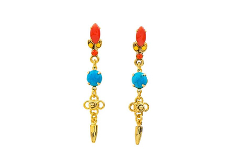 Amaro Dangle Earrings - Gold Plate, Semi-Precious Gems Turquoise & Fiery Orange