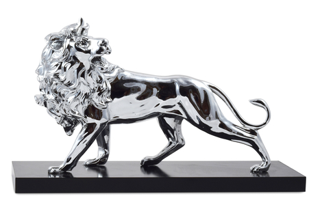 Powerful Lion of Judah Figurine on Wood Base - Silver Plated