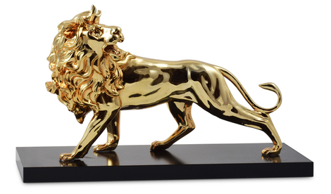 Powerful Lion of Judah Figurine on Wood Base - Gold with Dark Gold Accents