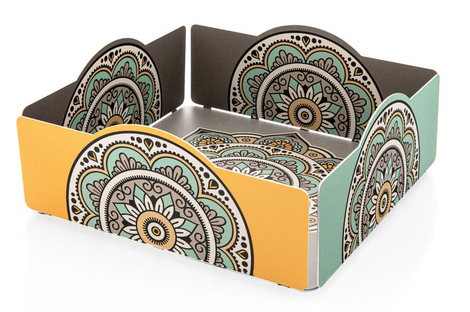 Dorit Judaica Matzah Tray with Mandala Design - Turquoise and Mustard