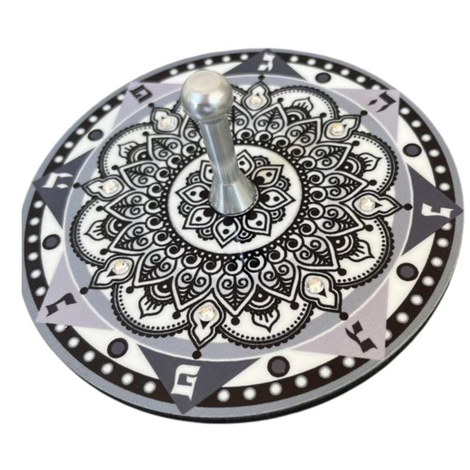 Dorit Judaica Decorative Sparkling Dreidel with Stand - Black and White Mandala