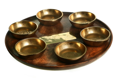 Rustic Wood Seder Plate with Six Matching Gold Aluminum Bowls