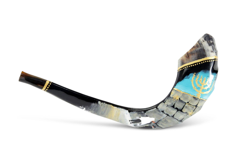 Decorated Hand Painted Ram's Horn Shofar Western Wall Menorah Design