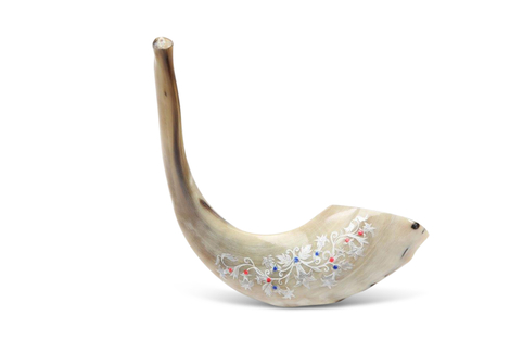 Decorated Hand Painted Ram's Horn Shofar Decorative Leaf Design