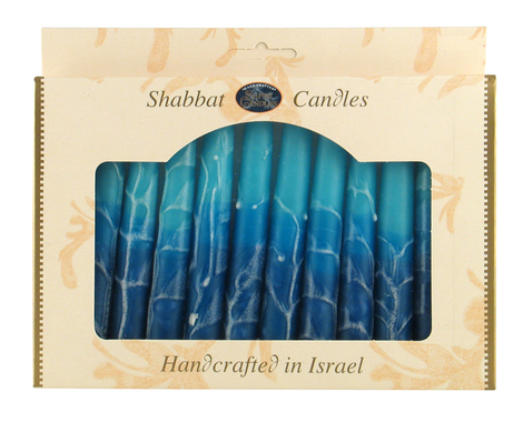 Decorative Handmade Galilee Shabbat Candles - Blue and Turquoise with Streaks