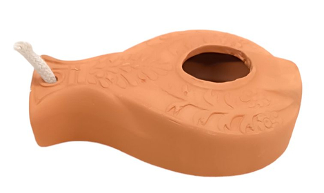 Replica of Ancient Biblical Clay Oil Lamp - Decorative Vine Engravings