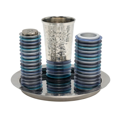 Yair Emanuel Contemporary 4-Piece Havdalah Set, Stacked Discs - Blue