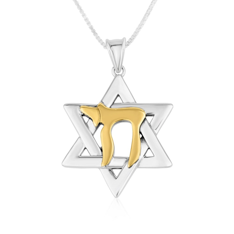 Sterling Silver Pendant Necklace, Star of David Pendant and 14K Gold Plated Chai