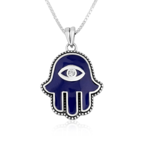 Sterling Silver Pendant Necklace - Blue Enamel Hamsa with Stone in the Eye